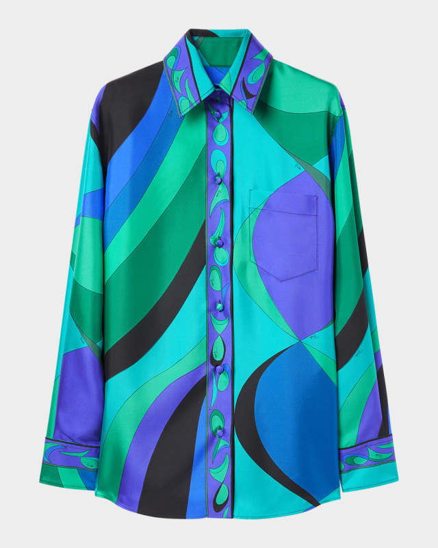 Pesci-Print Silk Twill Button-Down Blouse